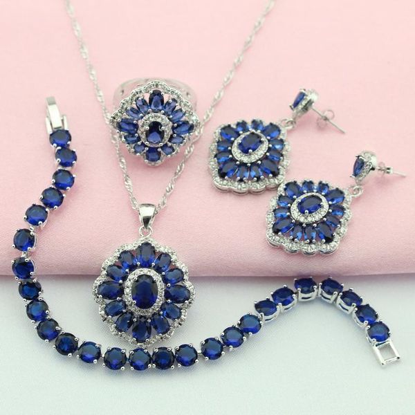 

wpaitkys dark blue cubic zirconia silver color wedding jewelry sets for women stud earrings bracelet pendant ring gift box