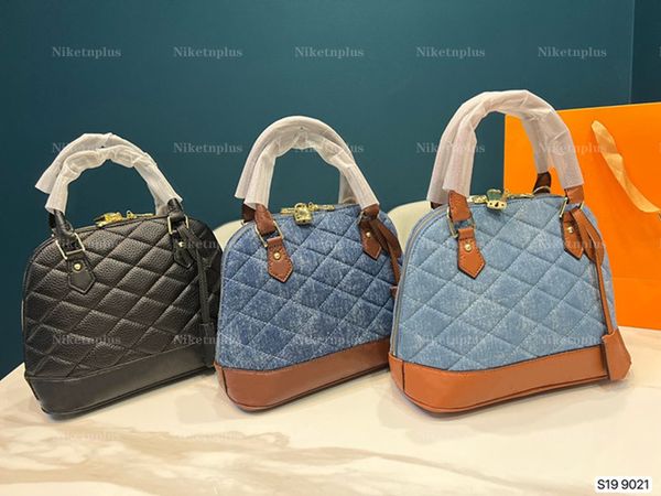

alma bb ss22 new cowboy shell bag patchwork brown monograms pattern navy-blue faded denim canvas black cross body bag luxury designer fashio