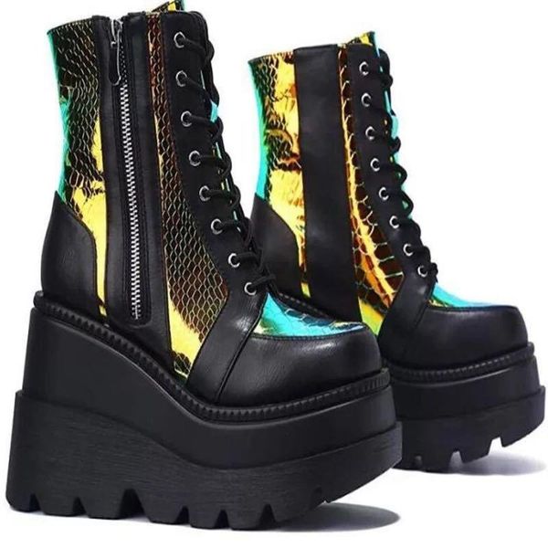 

boots 2021 winter sequin thick bottom slope heel women's large, Black