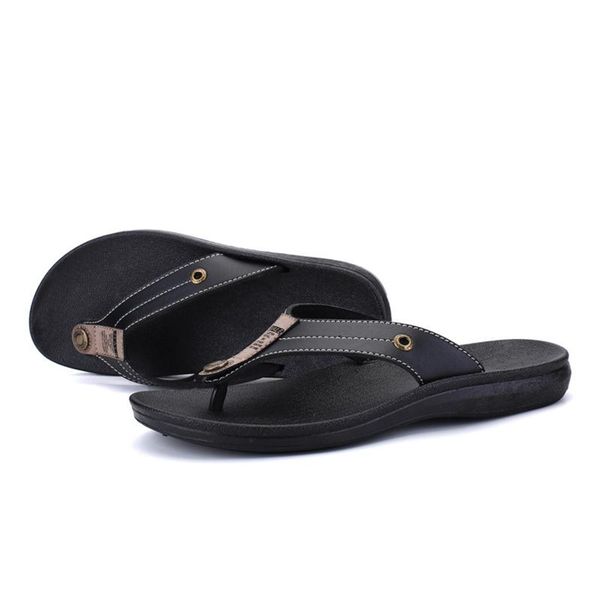 

elgeer men flip flops pu leather slippers 2021 summer fashion outdoor beach shoes men flip flops big size:40-44 sandalias hombre, Black