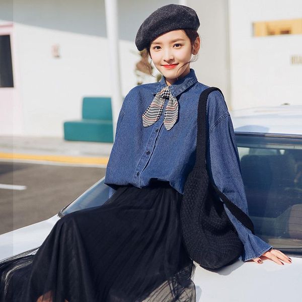 

women's blouses & shirts women 2021 spring style korean vintage casual blue jeans blouse short denim blusa camisa, White
