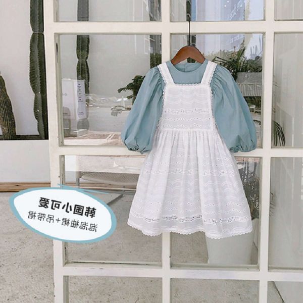 

girls' suit bubble sleeve korean dress with lace suspender skirt 21 autumn new children's wear, White