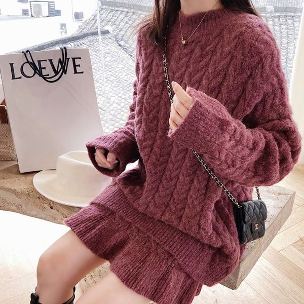 

2021 new autumn winter sweater two women knitted pullover & high waist mini skirt suits korean style elegant 2 piece set yw3m, Black;gray