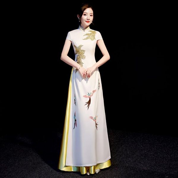 Coloque de roupas étnicas colarinho de mandarim qipao Flor Aplique White Cheongsam Vintage A-Line Festy Dress Dress Vestio