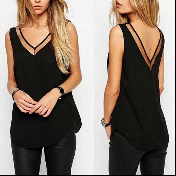 

fashion chiffon slim loose v neck sleeveless vest shirt blouse for women girls tt 88 drop shipping, White