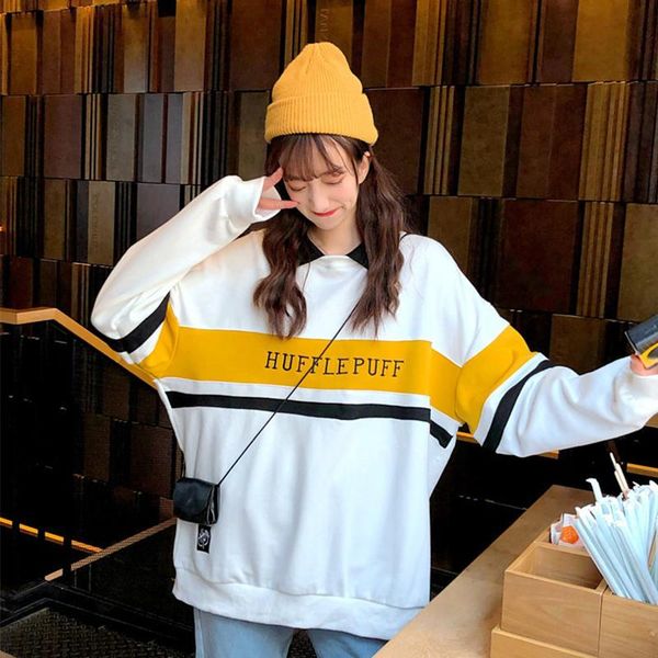 

preppy style female sweatshirts spring casual letter print striped patchwork collar harajuku oversized hooded pullover, White
