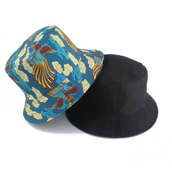 

summer cartoon phoenix print bucket hat for women men outdoor foldable bob fisherman hat hip hop gorros panama sun, Blue;gray