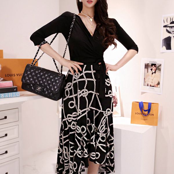 

new arrival fashion women elegant autumn five sleeve v-neck print temperament simple office lady black slim a-line dress 2z08, White;black