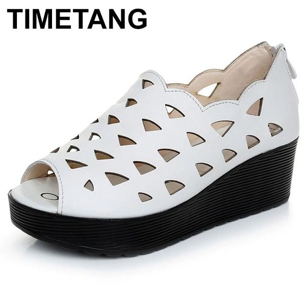

dress shoes timetang summer women sandals casual peep toe genuine leather lady platform wedges woman, Black