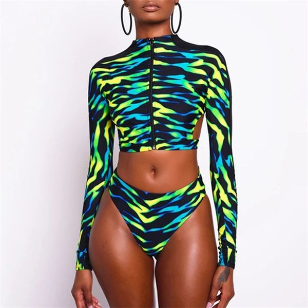 Sexy Langarm-Frauen-Badeanzug-Reißverschluss Afrikanische Badebekleidung Rückenfreier Badeanzug Hohe Taille Bikini-Set Brasilianische Beachwear 210625