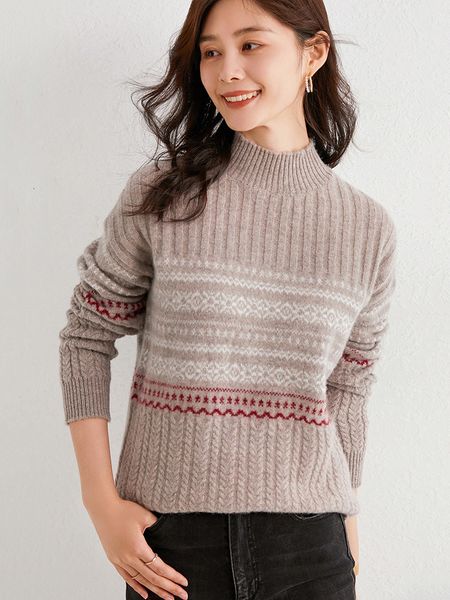 

pure 2021 new half turtleneck sweater vintage jacquard women's jumper 100% real fine wool soft pullover drop-sho ptz7, White;black