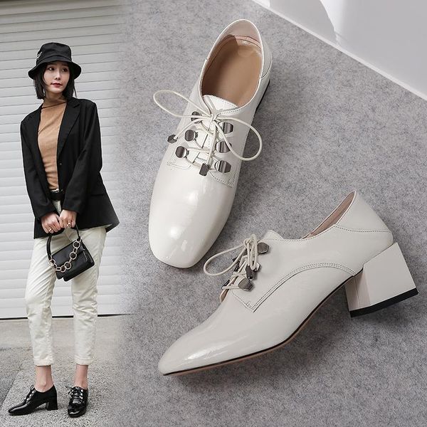 

dress shoes ins women pumps natural leather fashion thick high heel classic office professional square head soft patent, Black