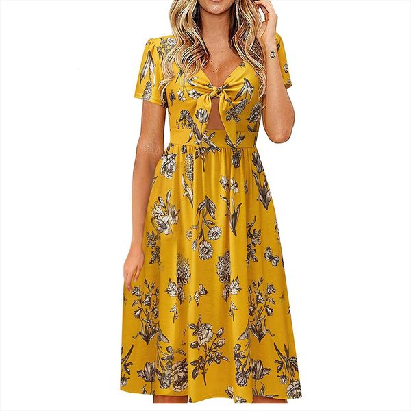 

short sleeve vintage floral women dress print v neck knot bandage summer party streetwear plus size r5, Black;gray