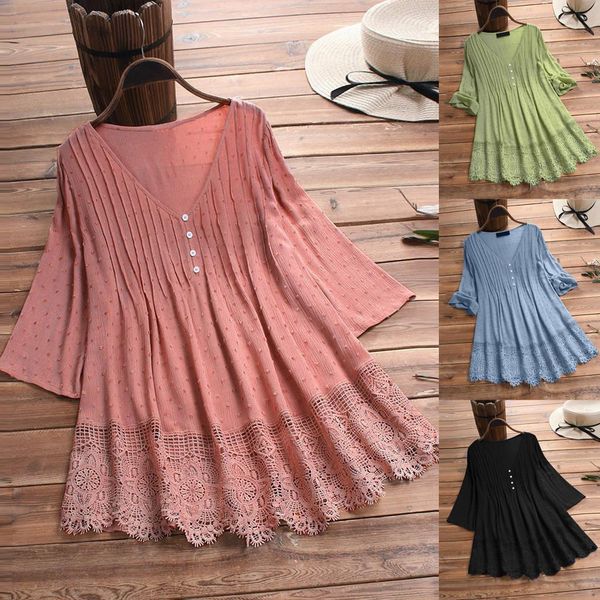 

vintage cotton and linen blouse women ruffled three quarter lace v neck shirt blouse plus size 5xl clothes 40, White