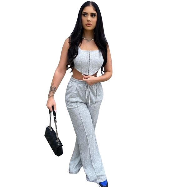 

cool girl 2 piece sets womens outfits summer streetwear high waist loose flare leg pants and crop k-pop style casual 210525, White