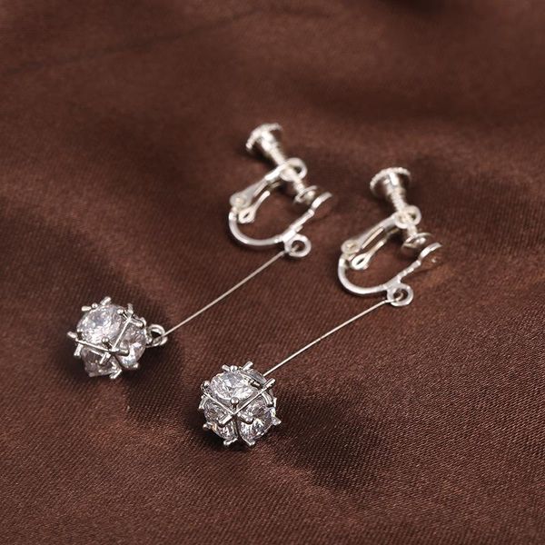

clip-on & screw back crystal ball zircon long tassel earrings screws ear clip on without piercing cuff for women wedding party gifts, Silver