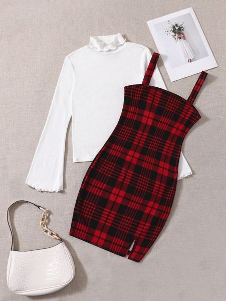

turtleneck lettuce trim & plaid cami dress y8rg#, White