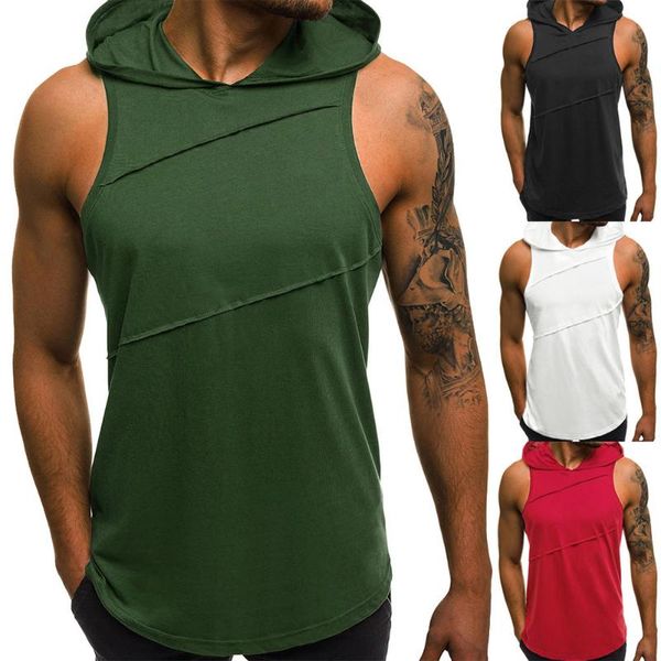 

men' tank summer bodybuilding men sports hooded vest sleeveless splicing hoodies loose casual, White;black