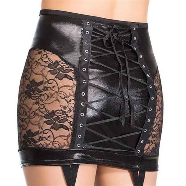 Moda Mulheres Laço Floral Inserir Vinil Leather Suspender Saia Sexy Short Mini Saia Porn Back Lace Up Bodycon High cintura Saia 210310