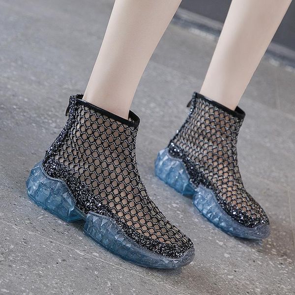 

boots crystal shoes women's all-around middle heel mesh sandals flat bottom short anti slip breathable, Black