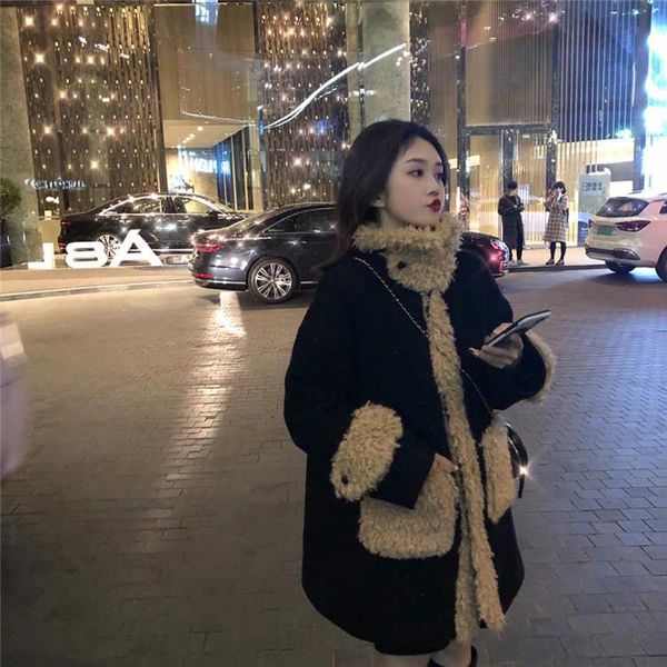 

women's fur & faux 2021 winter thicken warm teddy tweed jacket coat women fashion lamb overcoat fluffy cozy loose outerwear female, Black