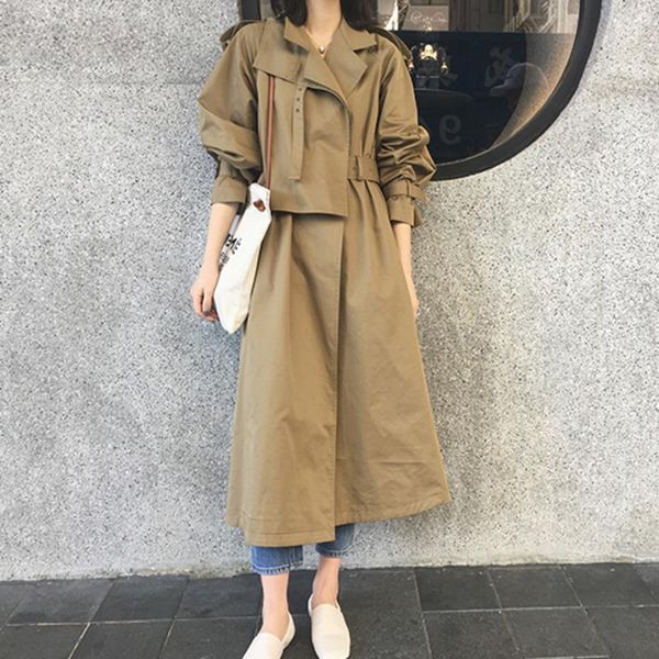 

women's trench coats [ewq] 2021 french design overcoats with belt quality autumn casual loose solid color long, Tan;black