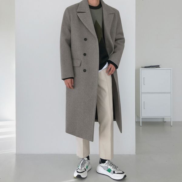 

men's jackets korean solid lapel wool jacket loose double breasted long male winter coat thicken warm thin boy q1z8, Black;brown