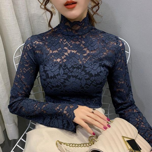 

women's blouses & shirts blusas mujer de moda 2021 long sleeve hollow lace blouse women turtleneck womens and c383, White