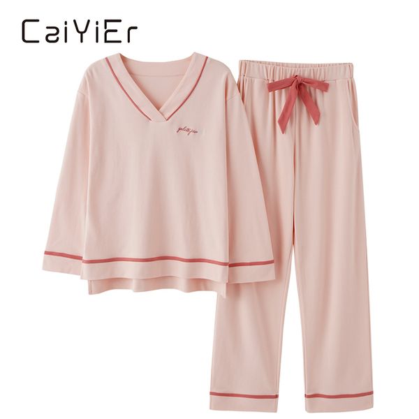 

caiyier new solid cotton pajamas set winter women sleepwear embroidery letter v-neck casual nightgown underwear large size -3xl 210305, Black;red