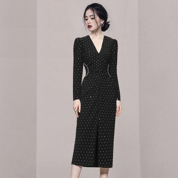 

casual dresses 2021 autumn women's french vintage elegant v-neck chic polkai dot long sleeve slim office lady split midi dress female, Black;gray