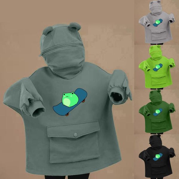 

women's hoodies & sweatshirts frog zipper hoodie fleece lined springtime embroidery oversized sweatshirt harajuku warm pullover korea, Black