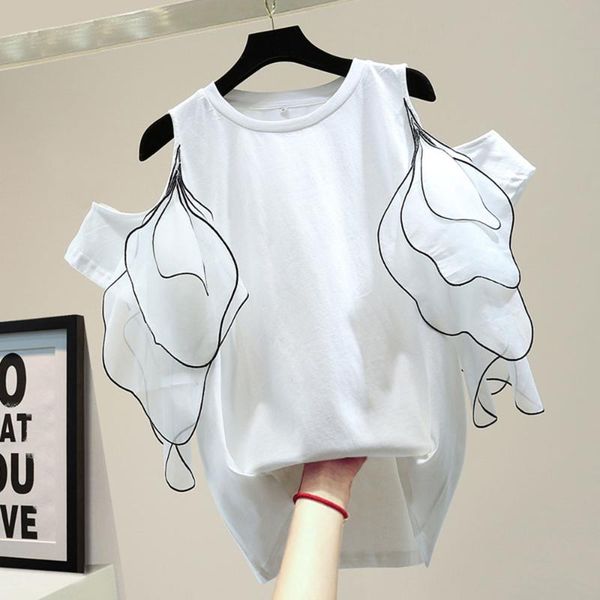 

women's t-shirt design sense off-shoulder short-sleeved 2021 summer korean style loose and thin fashion t-shirts women casual tee, White