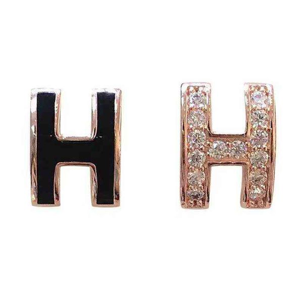 

diamond studded letter h earrings asymmetric oil dripping flash female versatile student simple s925 pure sier, Golden