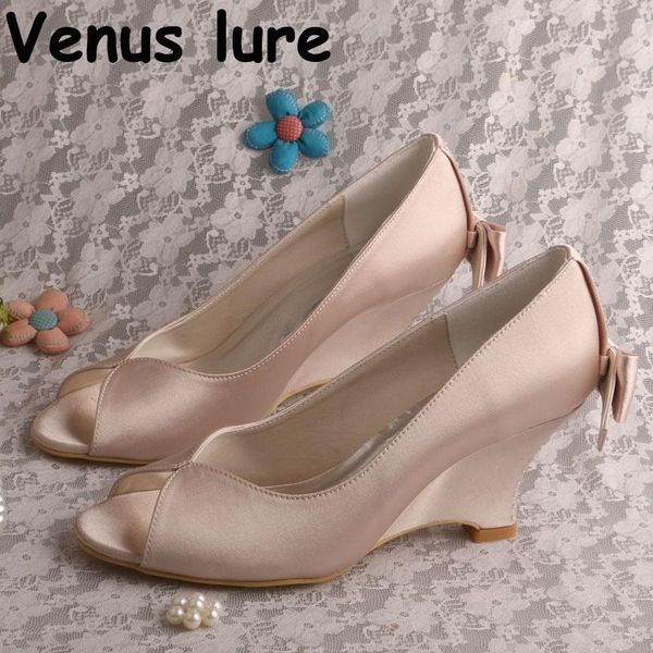 

dress shoes nude satin wedges women heels 2021 peep toe wedding party pumps, Black