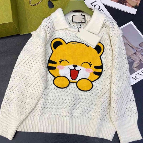 

sweater womens spring new long sleeved hollow out lapel wool clothes three-dimensional jacquard cartoon doll embroidery cover, White;black
