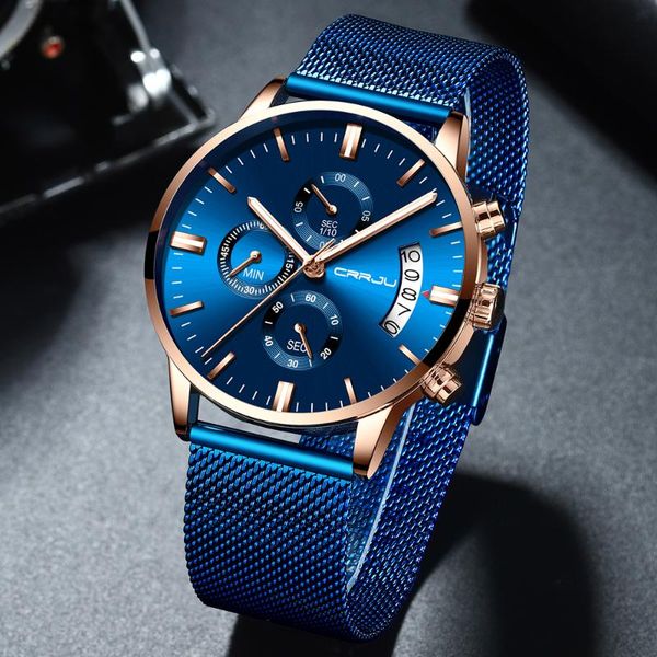 

wristwatches crrju men watch quartz chronograph watches casual dress wristwatch mens waterproof mesh watchband clock, Slivery;brown