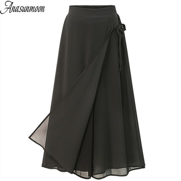 ANASUNMOON Sommer Europäischen Stil Plus Größe 5XL Frauen Hosen Beiläufige Lose Chiffon Kalb-Länge Hosen Schwarz Breite Bein Damen hose 210915