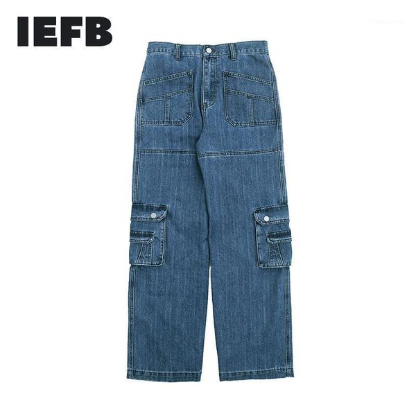 

men's jeans men's wear autumn winter 2022 tide multi pocket working mens casual wide leg denim pants vintage streetwear y4584, Blue