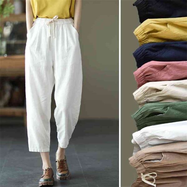 

5xl summer literary solid cotton linen pants elastic waist thinner casual ankle length harem side pocket trouser 210601, Black;white