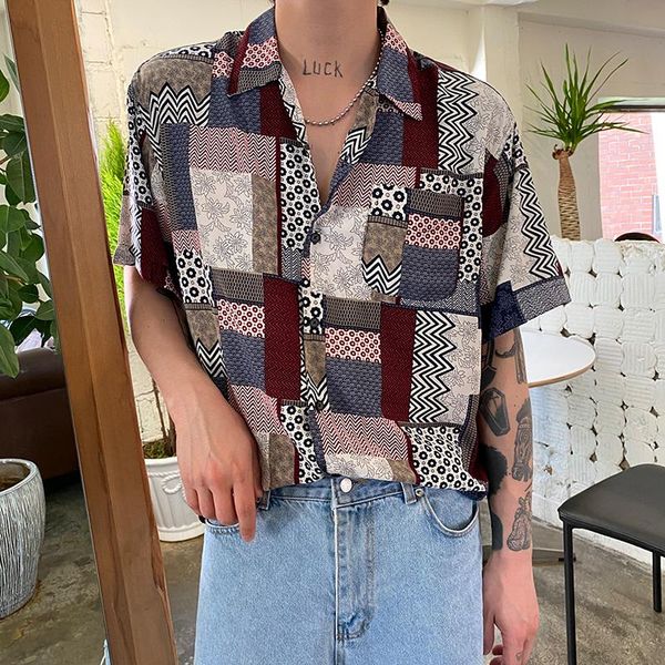 

men's casual shirts summer retro flower shirt short-sleeved plaid five-point sleeve korean style trendy handsome in sleeves, White;black