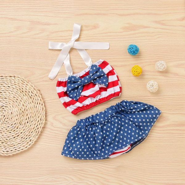 

clothing sets summer independence day outfits baby girl tie up star stripe print halterneck tank skirt bow-knot headband bobby pin, White