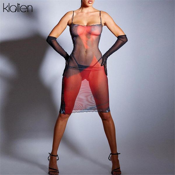

Women Spring Summer Sexy Print Mesh See Through Camisole Dress with Gloves Casual Street Wild Slim Stretch Dresses Lady, Red