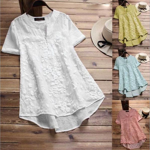 

2021 floral embroidered shirt blouse women v-neck shirts white lace stitching sweet short sleeve blouse cotton shirt femme