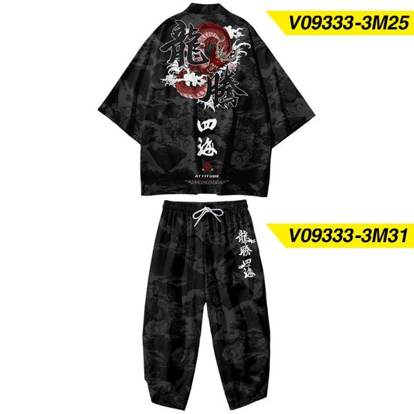 

ethnic clothing chinese dragon printed loose japanese cardigan kimono + pants 2pcs autumn couple women men yukata harajuku oversize 6xl, Red