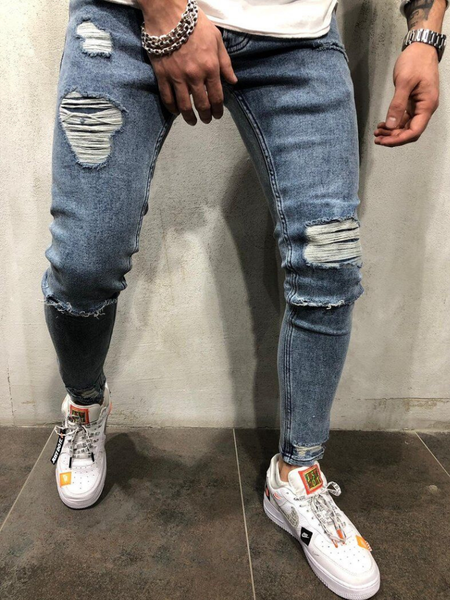 

ripped skinny jeans men blue pencil pants male slim biker denim trousers hole punk casual vacation close-fitting pants, Black