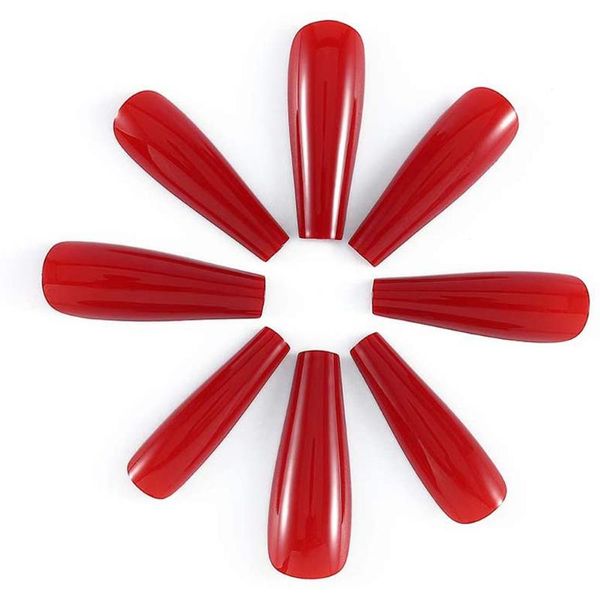 

false nails 20pcs fake acrylic press on tips long coffin ballerina french natural artificial candy color full cover for nail set, Red;gold