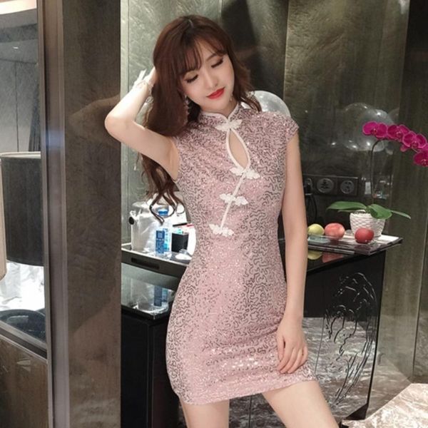

ethnic clothing and summer 2021 vintage hollow-out cultivate morality sparkling sequins improved cheongsam young girl package hip dress, Red