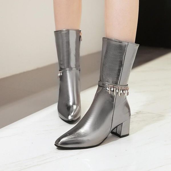 

boots big size ma'am coarse heel short pure color metal decoration high, Black