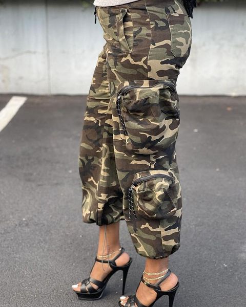 

women's pants & capris camouflage print zipper pocket design cargo, Black;white