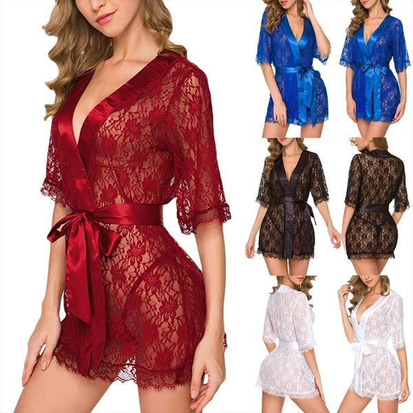 

bathrobe sets sheer mesh nightgown women sleepwear floral lace robes lingerie female see through, Black;red